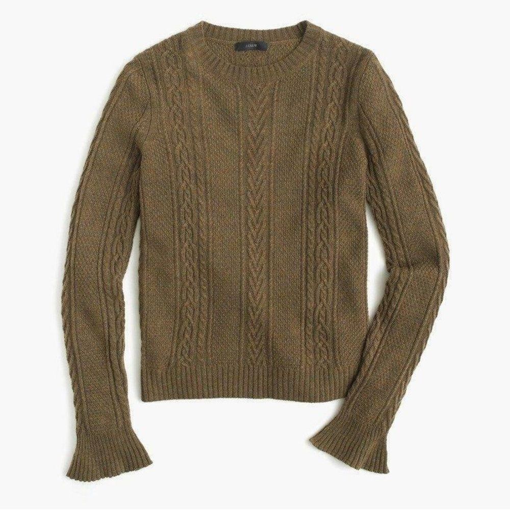 J.Crew Wool Olive Green Cable Knit Flare Sleeve Sweater